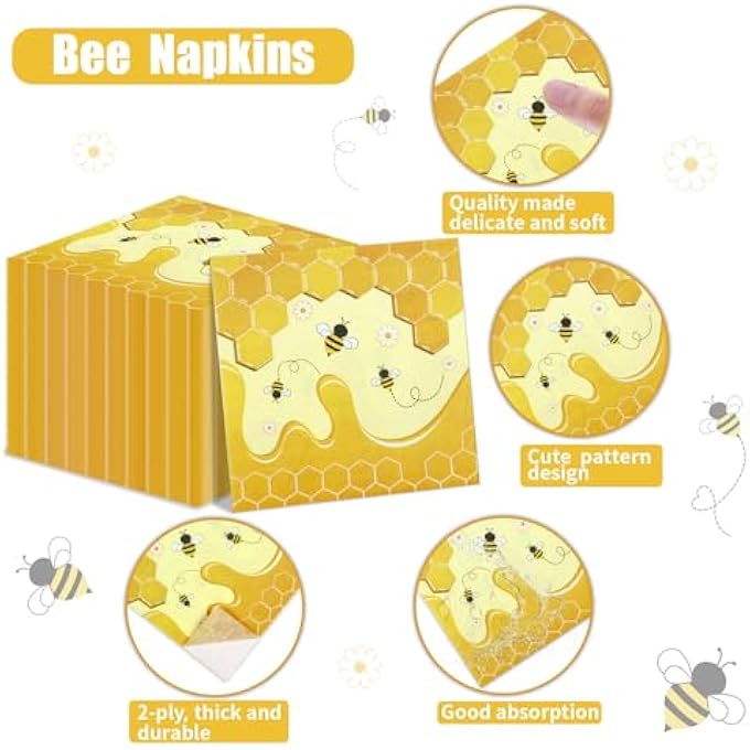 100 PCS BEE NAPKINS, BEE PARTY LUNCH DINNER PAPER NAPKINS, BUMBLE BEE PARTY DECORATIONS, HONEY BEE DISPOSABLE NAPKINS FOR BEE THEMED PARTY, KID'S 1ST BEE DAY, BABY SHOWER - Image 4